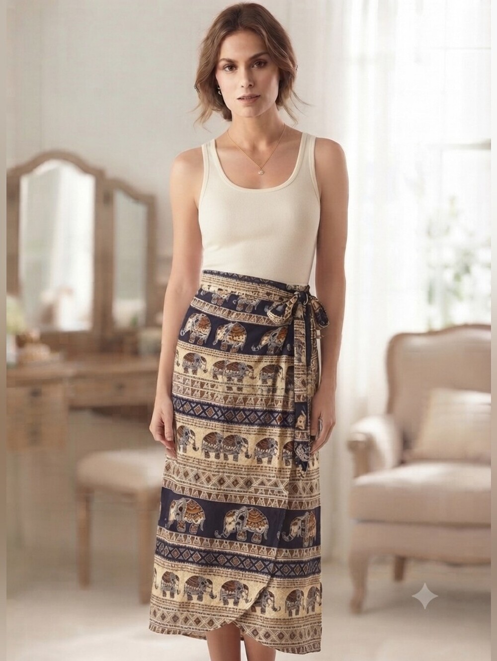 Elephant Print Boho Thailand Wrap Cotton Skirt